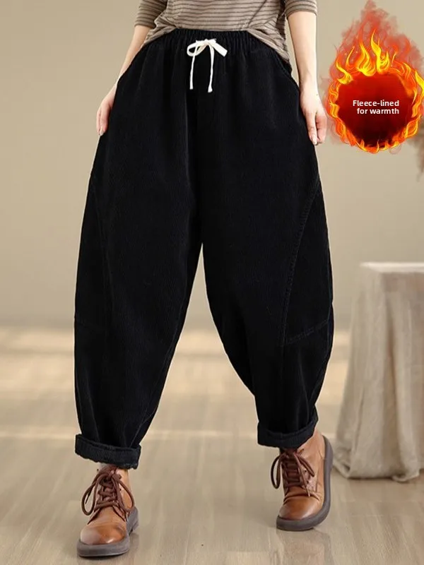 الرجعية Thiened Fce اصطف مرونة الخصر هارلان السراويل النسائية زائد حجم السراويل الدافئة عارضة القطن البوليستر مزيج الخريف... #3