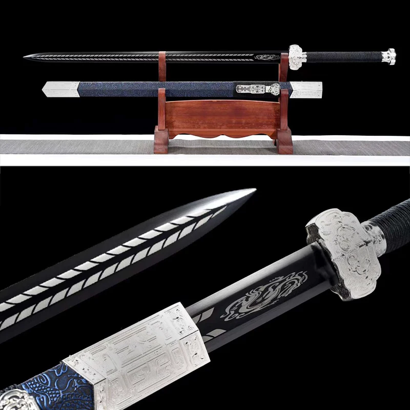 Chinese Swords, Ruyi Jian, Forged Real Steel Blade, Sharp Read, Black Plated With Engraving, Decoration