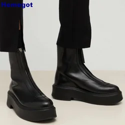 Genuine Leather British Style Short Boots 2024 Spring Outdoor Casual Office Round Toe Zip Thick Sole Boots Fashion Womens Boots