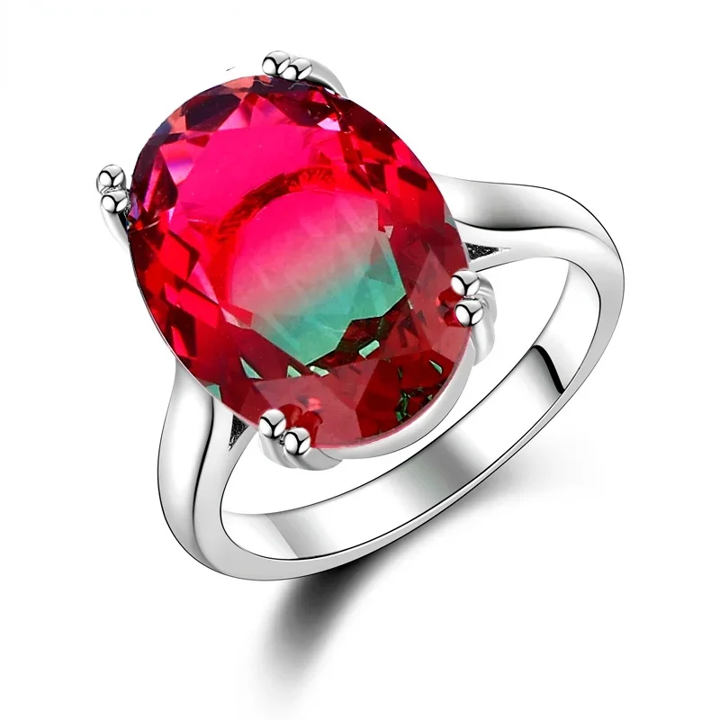 

Fashion Big Oval AAAAA Zircon Rainbow Gemstone 13*18MM Multicolor Tourmaline Wedding Ring Bridal Jewelry Engagement Party Gift