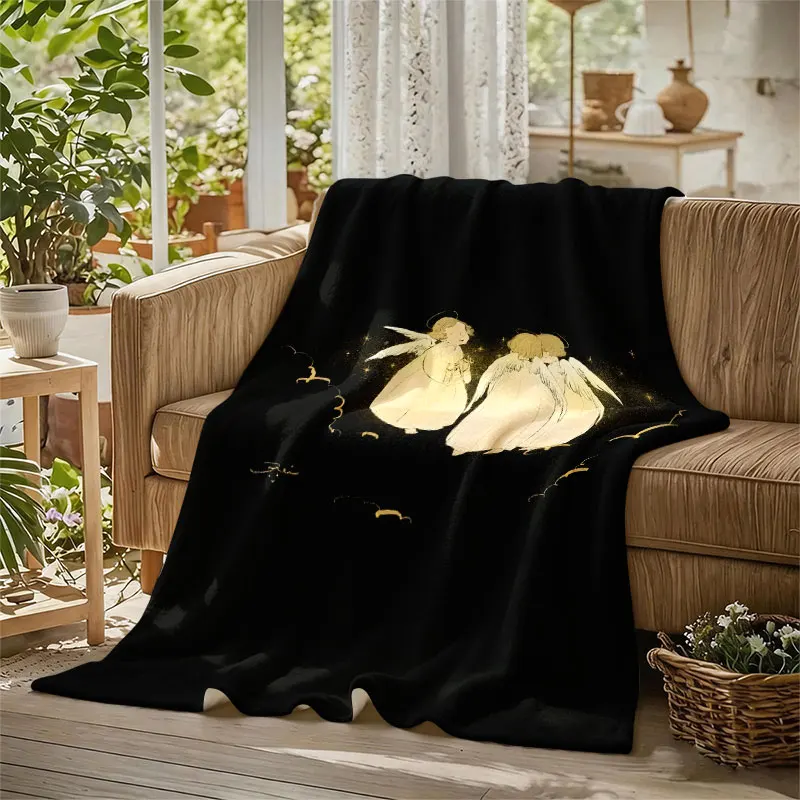 Angels Clouds Gold Black Flannel Blanket Perfect for Sofa Office Bed Travel Sleep Read Relax Camping Four Season Use