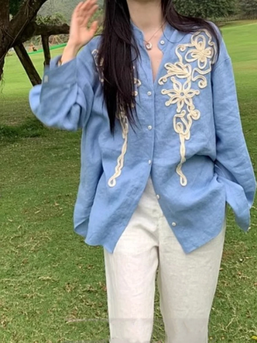 الرجعية الأزرق الأبيض القطن الكتان المطرزة عارضة Faion المرأة الصيف irt الكورية Sle فضفاضة تناسب طويلة Sve زر حتى