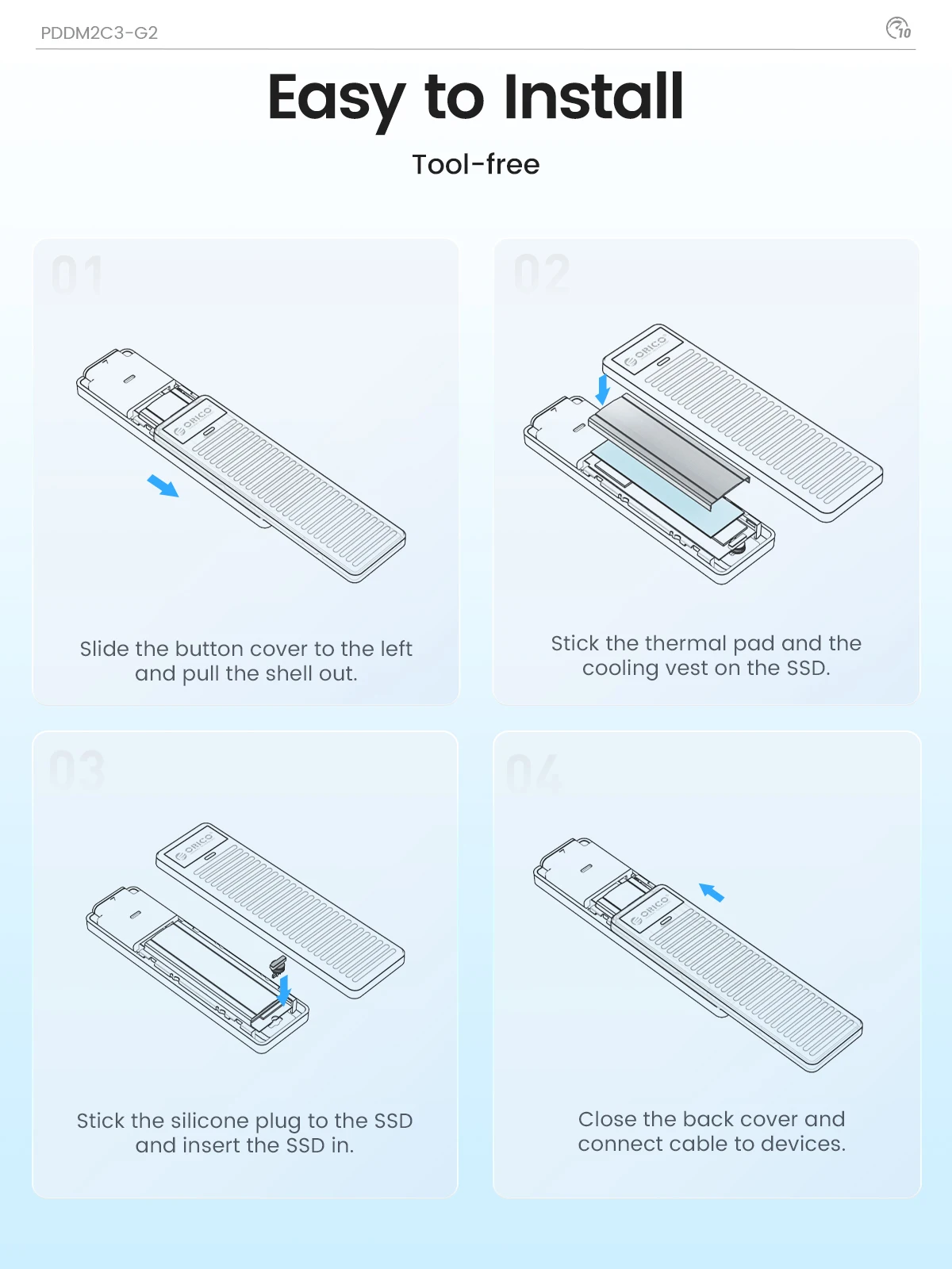 ORICO M.2 NVMe SSD Enclosure 10Gbps USB 3.2 Gen2 Case Box Simple Design Tool-free Support UASP for NVMe SATA SSD Gamers image 5