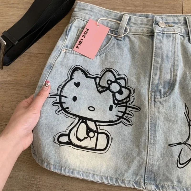 Hello Kitty Kawaii Sanrio Summer Girl Printed Denim Bustier Skirt Women Retro Niche Slim Thin Spicy Girl A-line Short Skirt