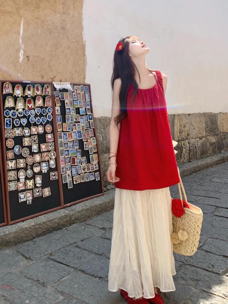 Ankang Red Ice Silk Cotton Linen Strap Vest Women Summer Outdoor Wear Svel Doll irt Dopne Personali Top