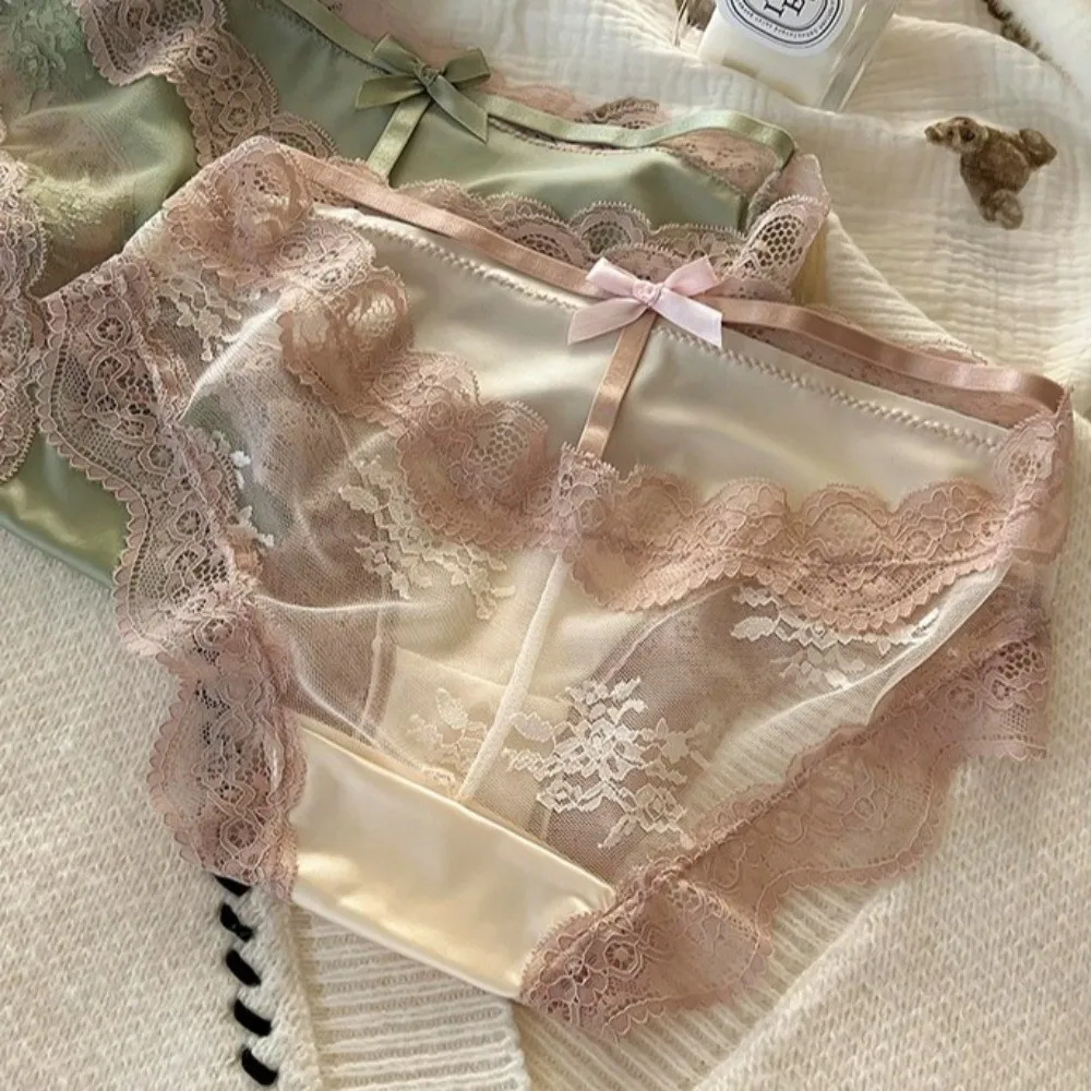 Lingerie Seamless Lace Panties Cotton Crotch Mesh Transparent Underwear for Women Sweet Lace Bow Briefs Summer