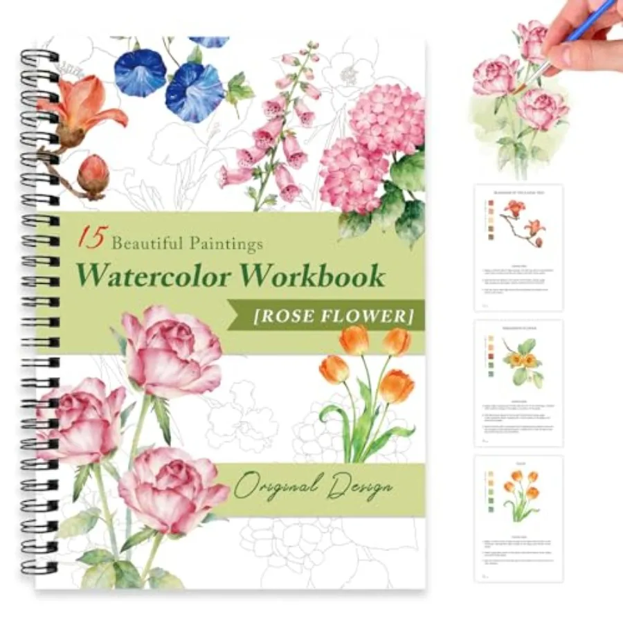 

Watercolor Workbooks for Adults Beginners and Teens, 16 Colors 15 Beautiful Paintings, Pre-Outlined Designs, Easy Watercolor Ar