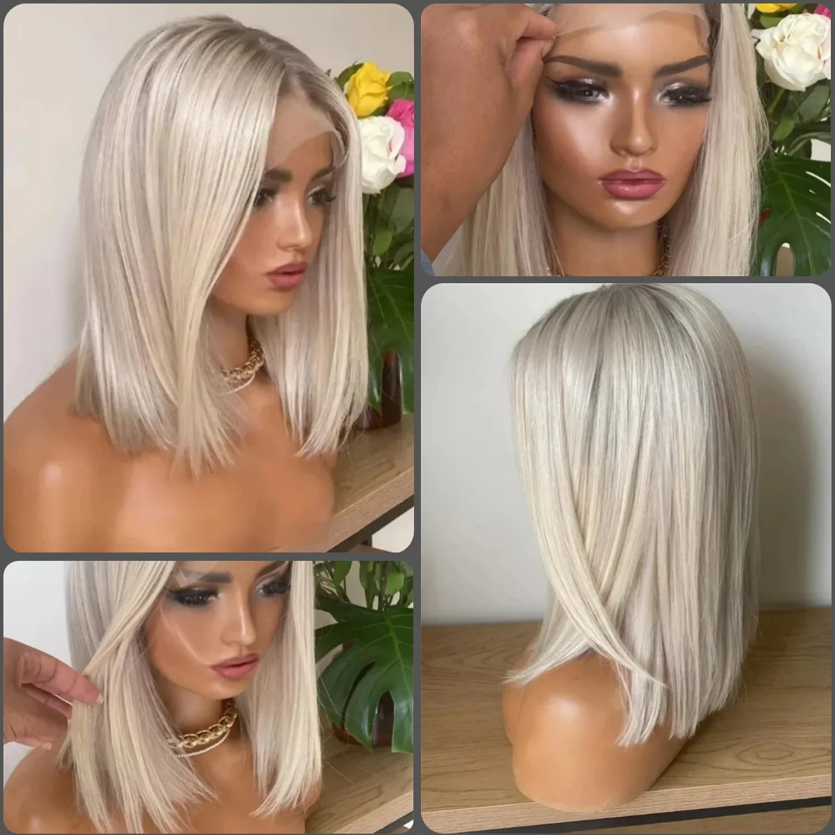Parrucche per capelli umani Ombre biondo cenere Parrucche per donna Bob Parrucca frontale in pizzo trasparente Parrucca brasiliana per capelli Remy Parrucca corta Bob Pre pizzicata