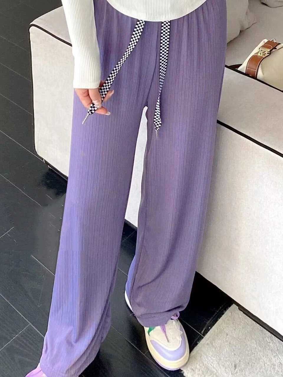Slim Wide Leg Pants Women's Summer Thin High Waist Drape Straight Green Fashion Casual Pants Ice Silk Narrow Version Floor-Le...
