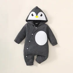 0-6 Months Baby Boy Cute Penguin Hooded with White Small Circle Single-Breasted Bodysuit Dark Grey Long-sleeved Romper Pajamas