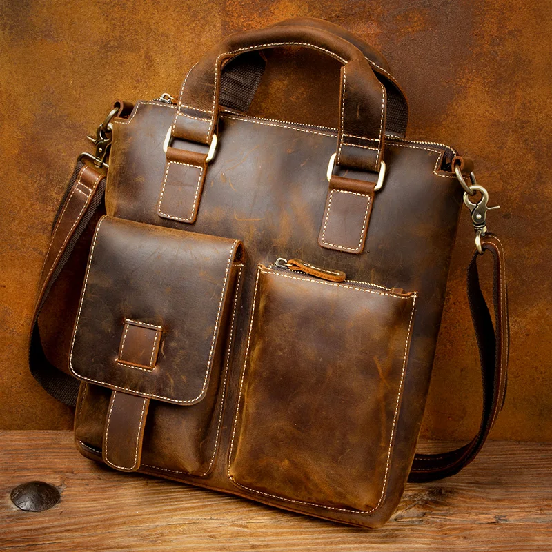 Crazy Horse Leather Handbag Leather Men's Bag Casual Leather Briefcase Retro Handmade Shoulder Crossbody Bag view 4