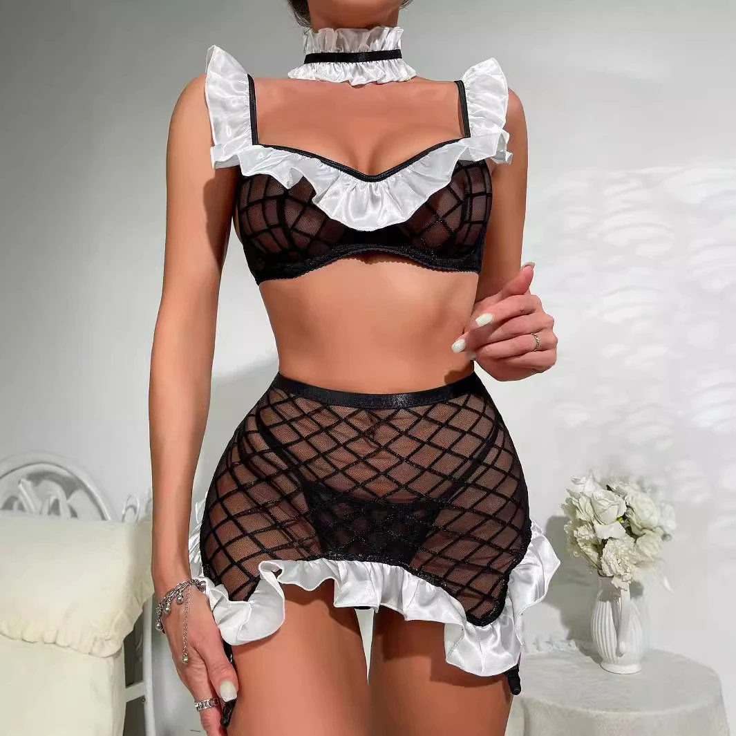 

Sexy underwear sexy nightclub spice girls role play wooden ear edge light see-through mesh seductive underwear maid outfit L327
