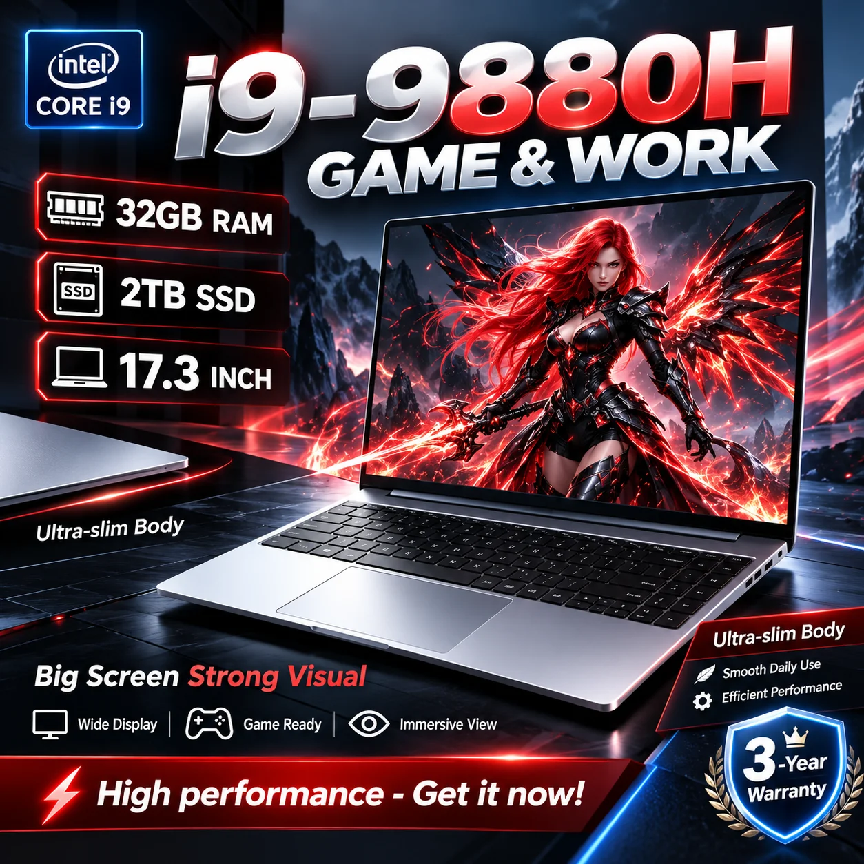 Intel Core i9 9880H 17.3 Inch Large Screen Notebook PC 32GB RAM 2TB SSD Fingerprint Recognition Office  Laptop High‑Performance