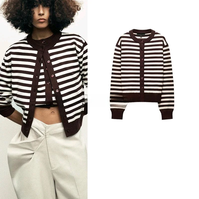Spring New Women's Knitted Long Sve round Ne Striped ort Coat Casual College Sle Versatile Lazy Match Polyester Fiber