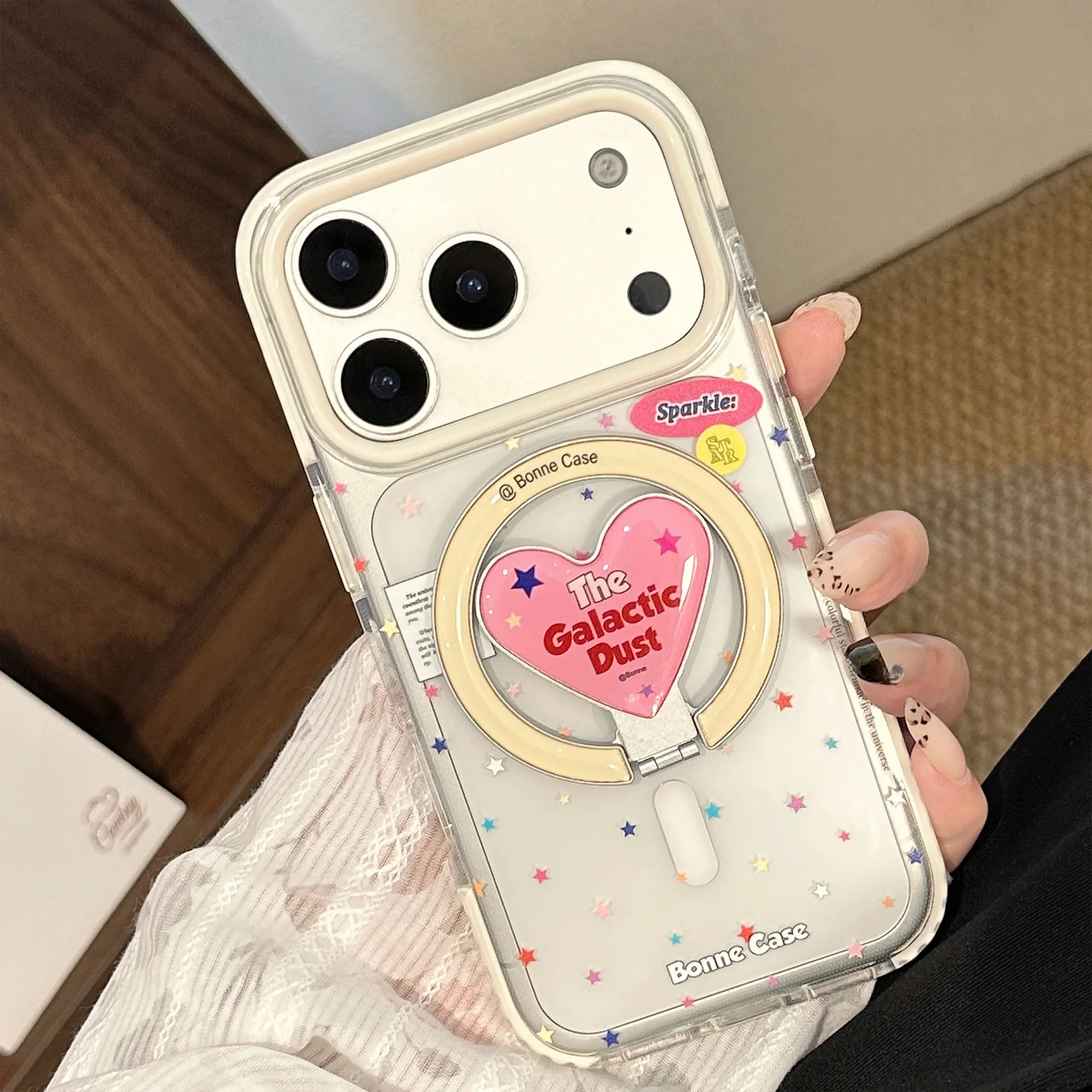 Koreanische bunte Sterne mit Liebesherz-Halterung, magnetische Handyhülle für iPhone 17, 16, 15, 14, 13, 12, Pro Max, klare, stoßfeste Abdeckung