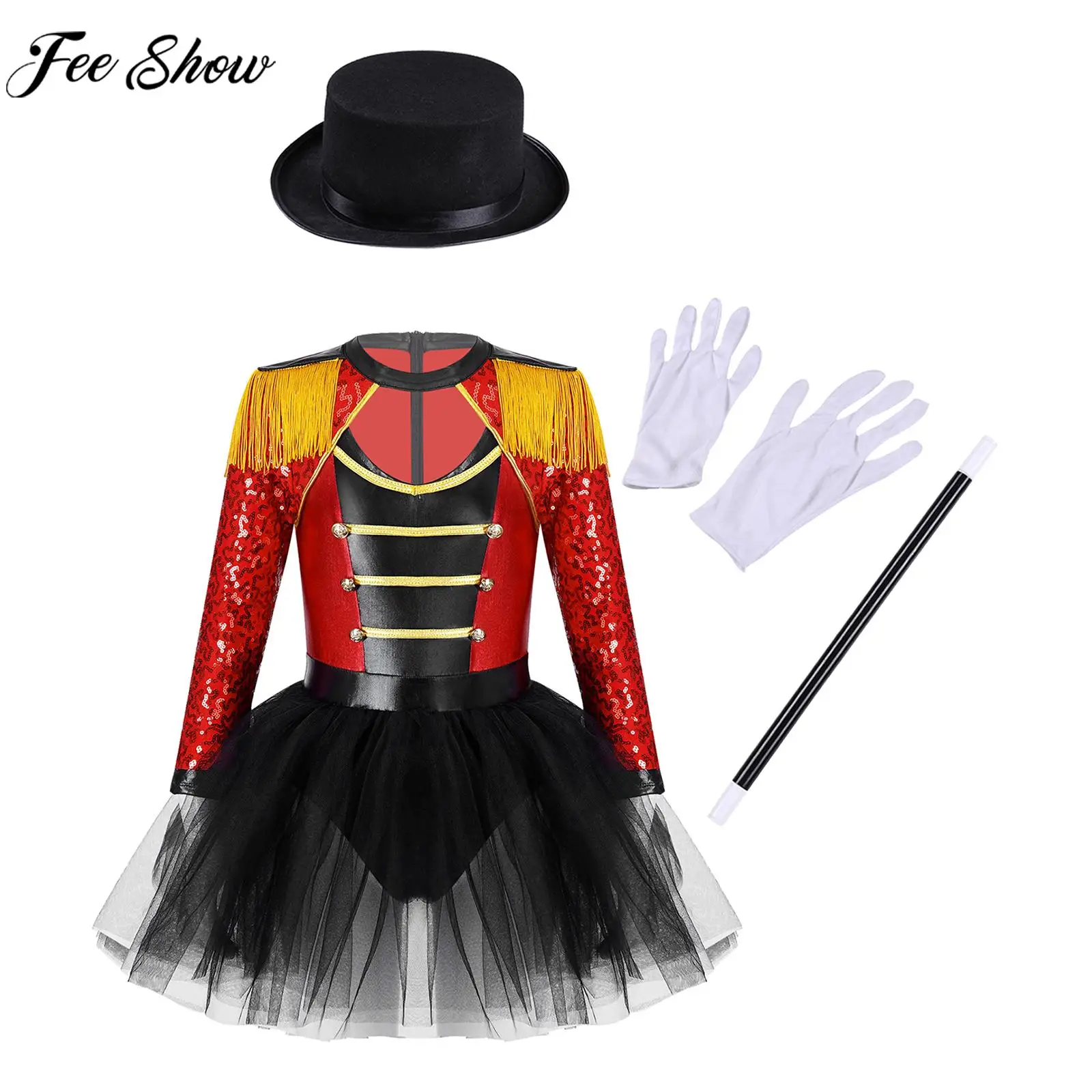 

6-16Y Kids Girls Circus Performance Outfit Halloween Party Cosplay Costume Sequin Tassel Tutu Leotard Dress with Hat Wand Gloves