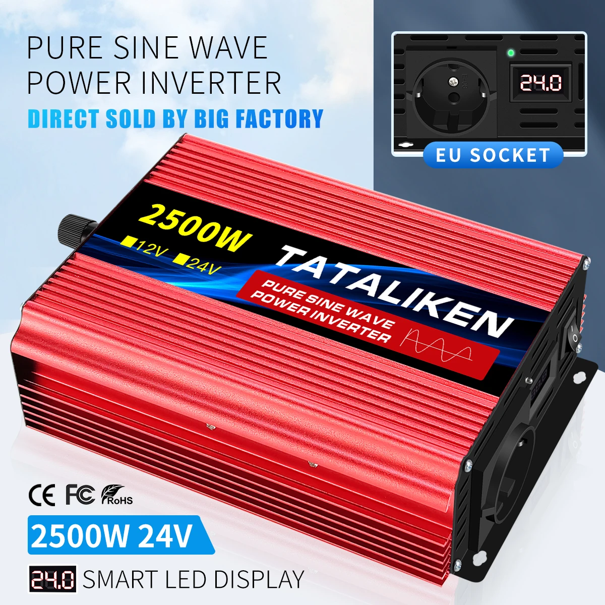 

EU socket pure sine wave inverter 12v/24v 220v 4500W/3500W/2500W/1600W LED Voltmeter Converter Transformer