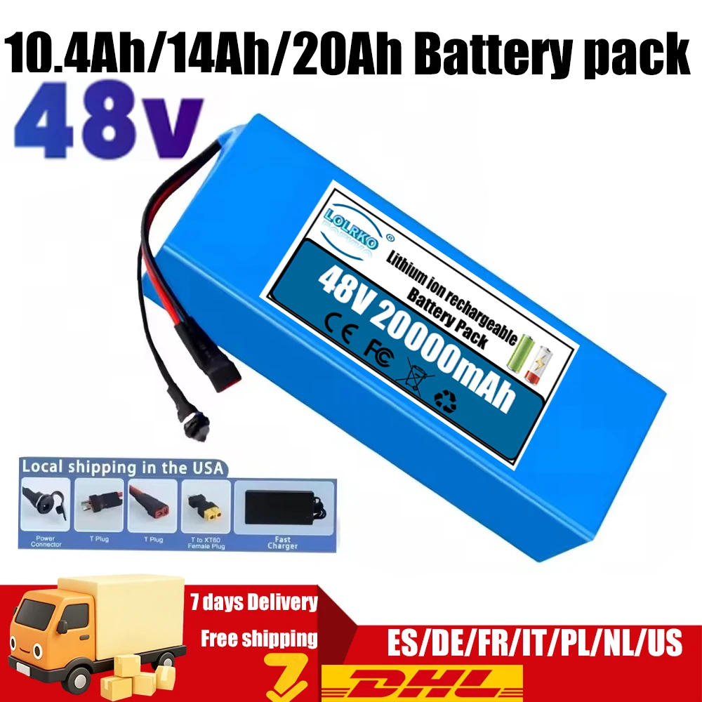 48V 20Ah Lithium Battery Pack 13S5P 18650 20000mAh Bike Battery with Charger for Scooters Mountain Bike 1000W Motor