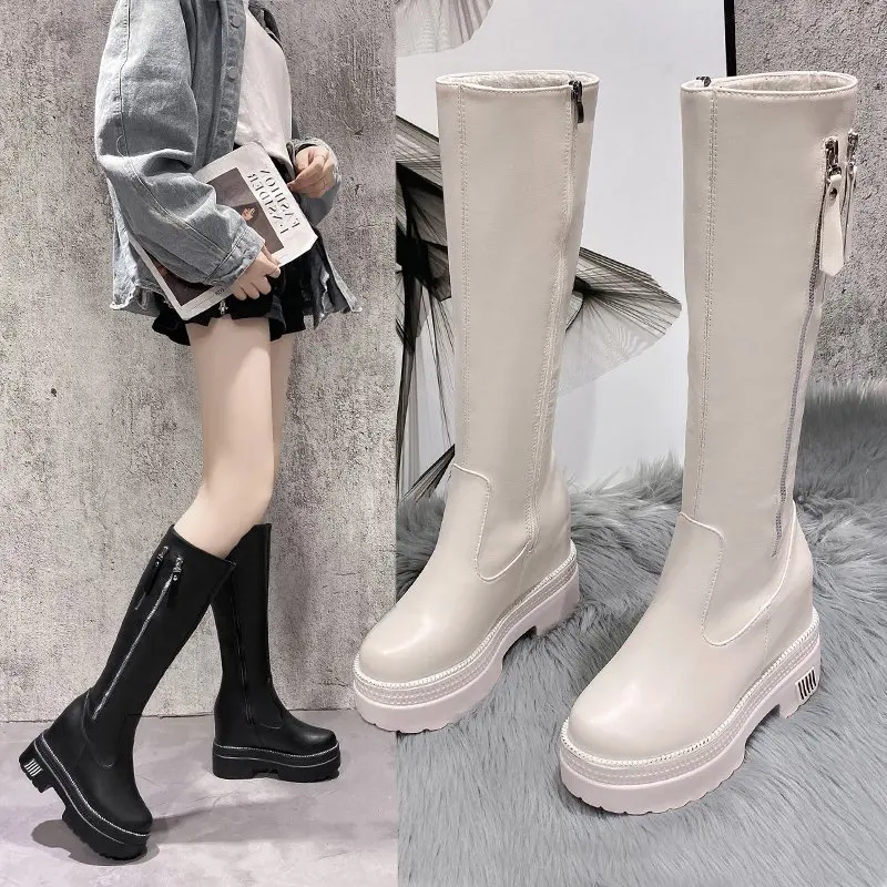 Women Chunky Platform Knee- High Boots Fashion Retro Punk Height Increasing Long Boots Woman 10cm Women Autumn Winter Booties