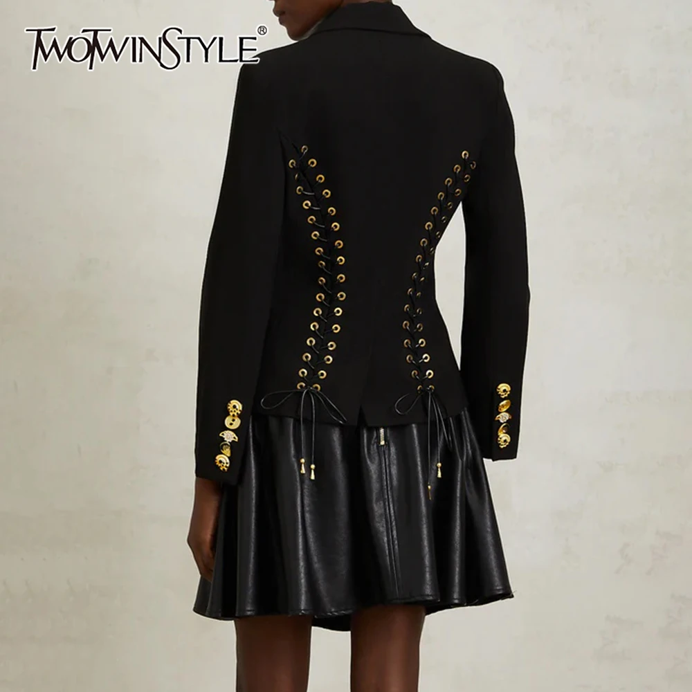 

TWOTWINSTYLE Solid Spliced Drawstring Jacket Female Lapel Long Sleeve Slimming Office Lady Women's Jackets Autumn Fashion New