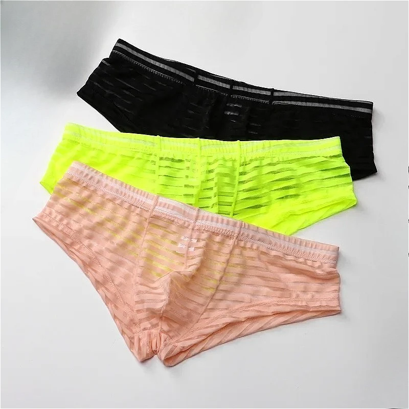 Ropa Interior Sexy a Rayas para Hombre, Bikini Transparente, Mini Bóxers, Slip Masculino, Calzoncillos con Bolsa Convexa, Calzoncillos de Talle Bajo