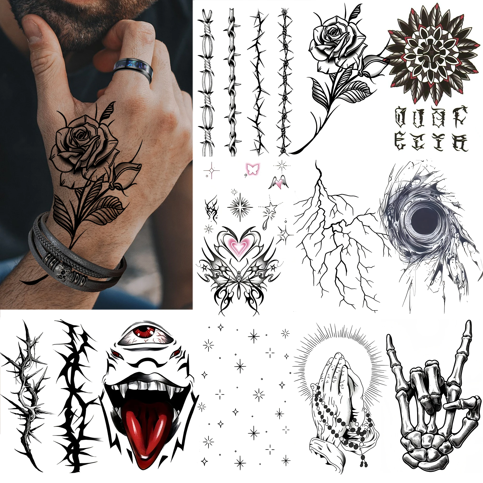 

1 Sheet Halloween Skeleton Rose Thorns Temporary Tattoos For Adult Hands Neck, Fake Tattoo Stickers Long Lasting Realistic Tatoo