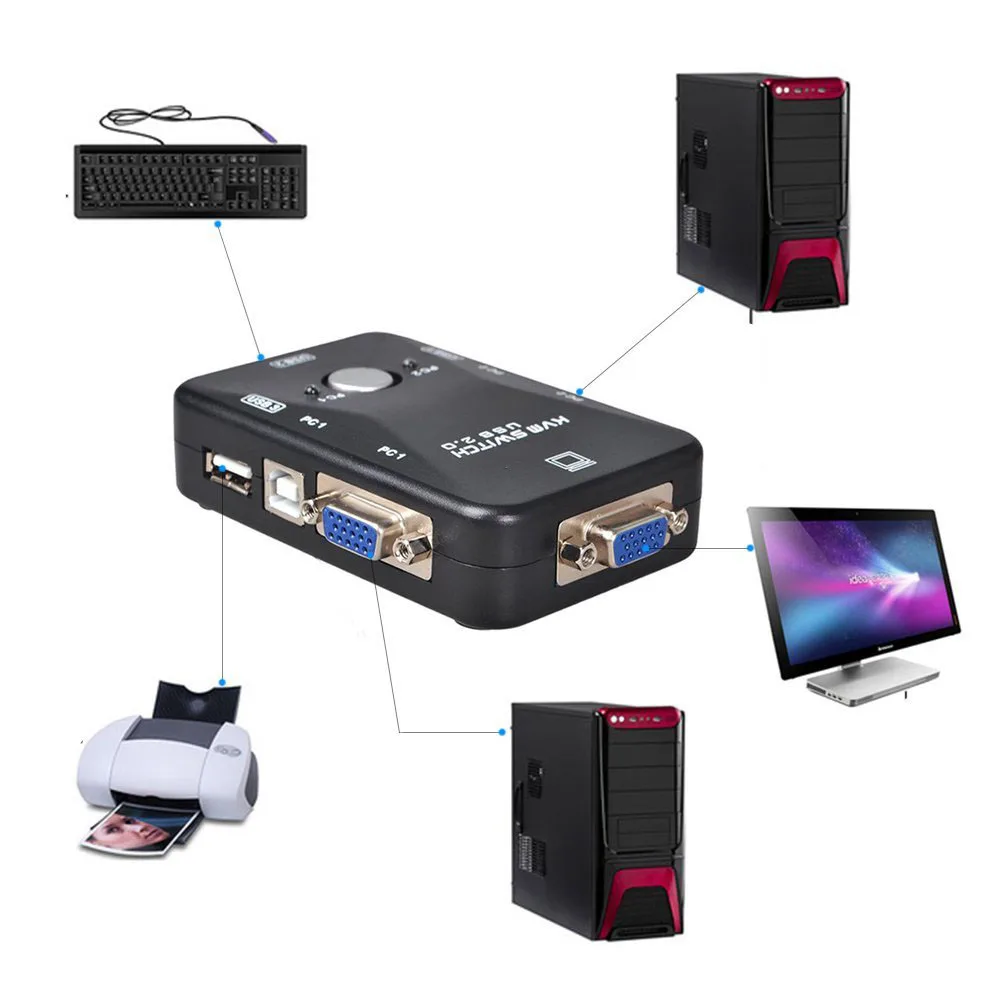 2 Port USB VGA KVM Switch Box For 2 Computers Share Monitor Keyboard Mouse Plug and Play KVM Switcher With VGA USB Cables