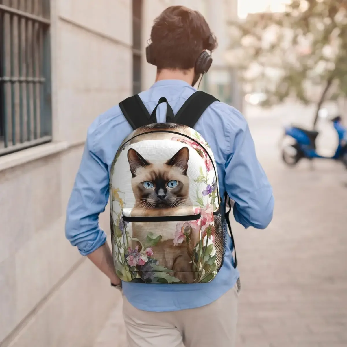 Siamese Cat In Beautiful Floral Student Backpack School Bag Hiking Travel Daypack for Men Women Bookbag Shoulder Bags