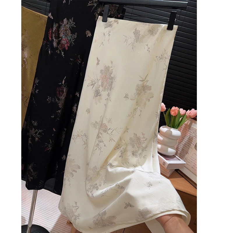2026 New Arrival Women Elegant Vintage Skirt High Waist Flower Sexy Satin Maxi Skirts Faldas Femme Streetwear
