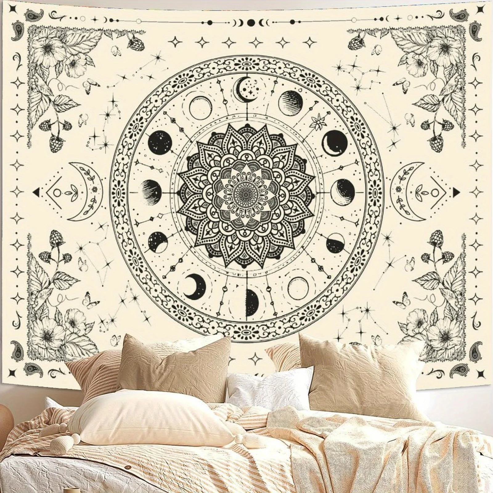 1pc Bohemian Mandala Floral Tapestry - Vintage Indian Wall Hanging with Celestial Moon and Stars Pattern for Bedroom Living Room - Image 3