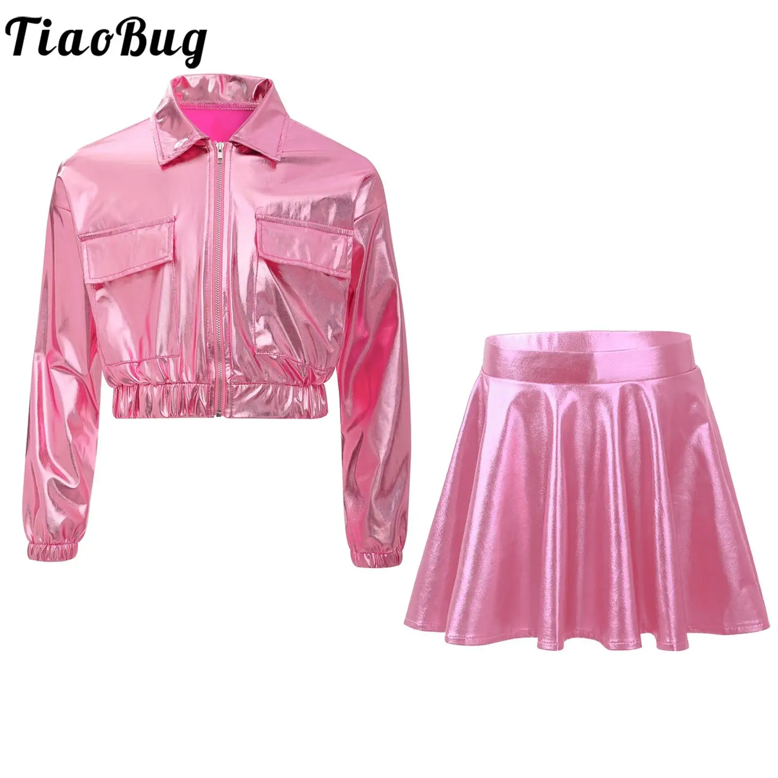 Teen Girls Metallic Hip-hop Jazz Dance Outfit Long Sleeve Zipper Jacket with Flared A-line Skirt for Stage Performance Costume