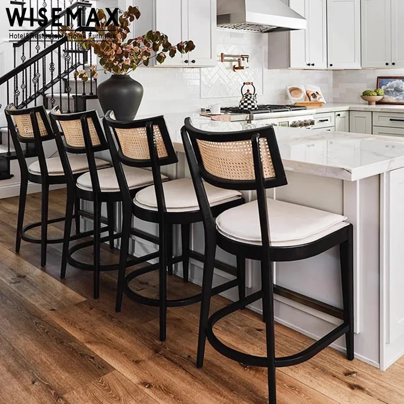 

France Solid Ash Wood Bar Stool Modern Dining Room Furniture Rattan Curved Backrest Bar Stool For Front Desk