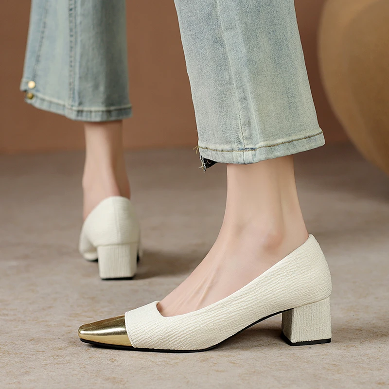 2024 leshion of chanmeb Echt leder Frauen Sling backs Pumps Block Medium Heels Designer Mix-Color Schuhe beige Nude Pumps Büro