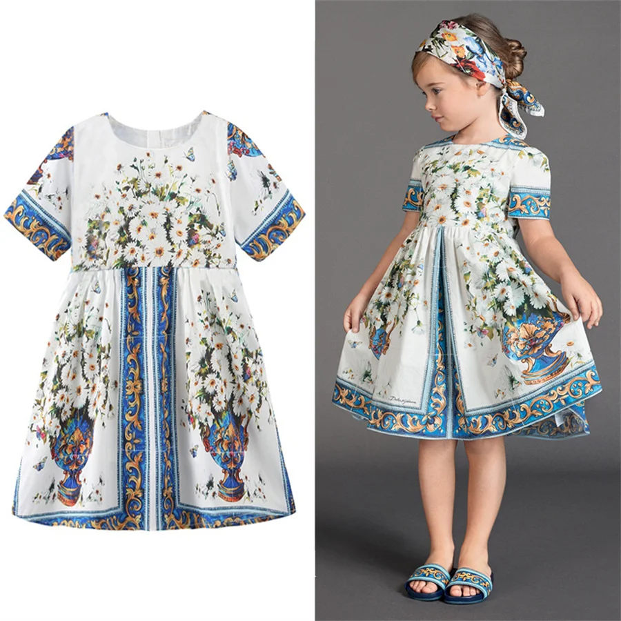 2024 New Girls Party Dress Children Vintage Short Sleeve Princess Dresses Kids Italian Style Summer Printed Birthday Clothes