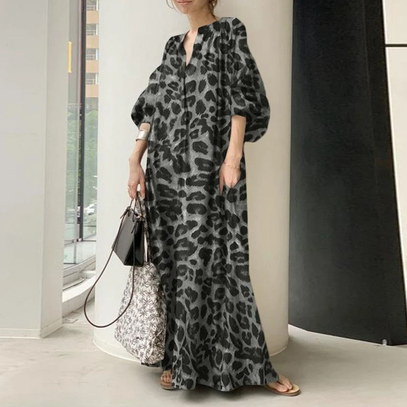 new plus size fashion ladies' dress 8XL 7XL 6XL temperament Leopard print stand collar bubble sleeve loose casual dress