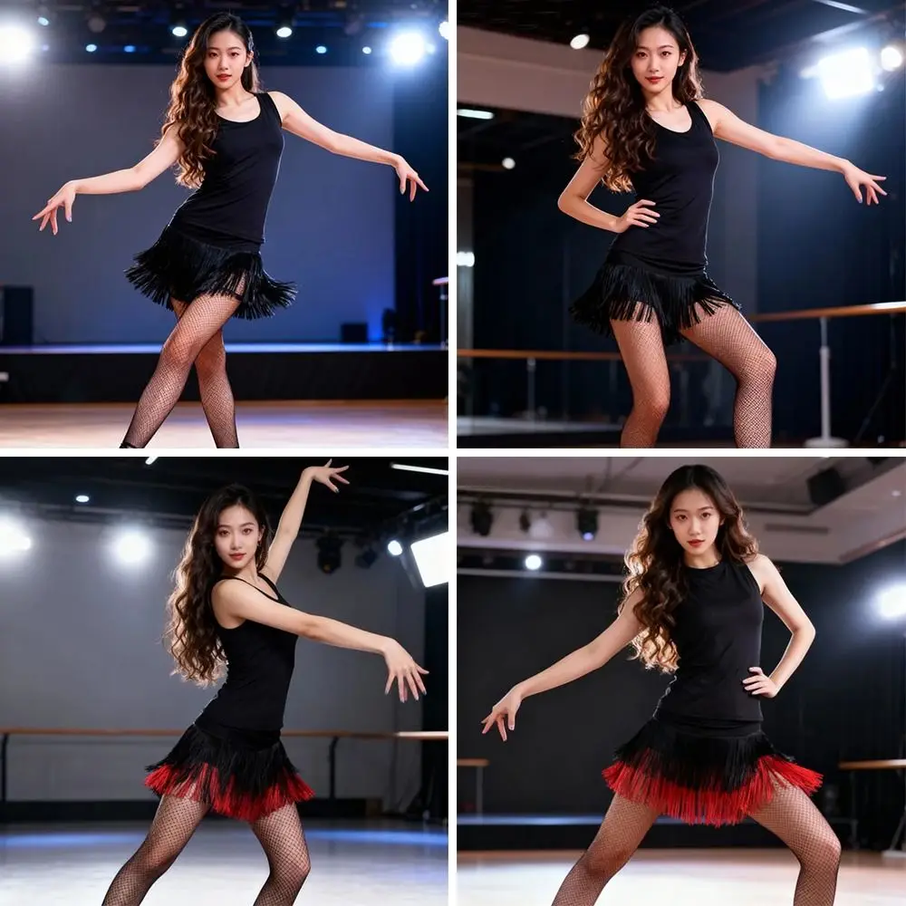 موضة شرابة اللاتينية تنورة رقص مرحلة قصيرة زي قاعة الرقص تنورة 2 طبقة تشاتشا ملابس الرقص رومبا تنورة رقص للنساء