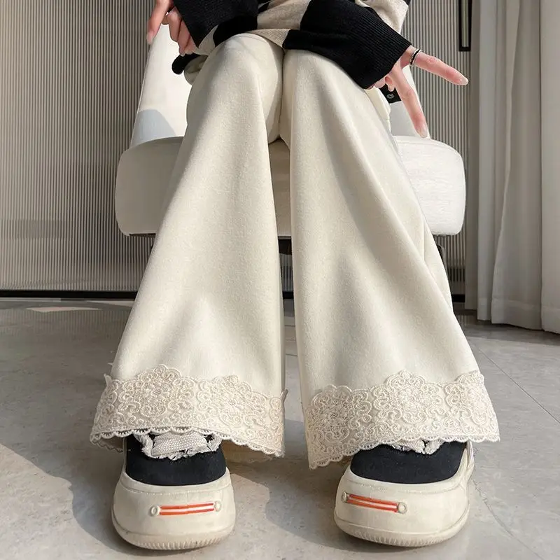 Lace Lace Spliced Wide-leg Pants for Women in Spring High Waist Loose Slim Straight Pants Small Nine-point Guard Pants