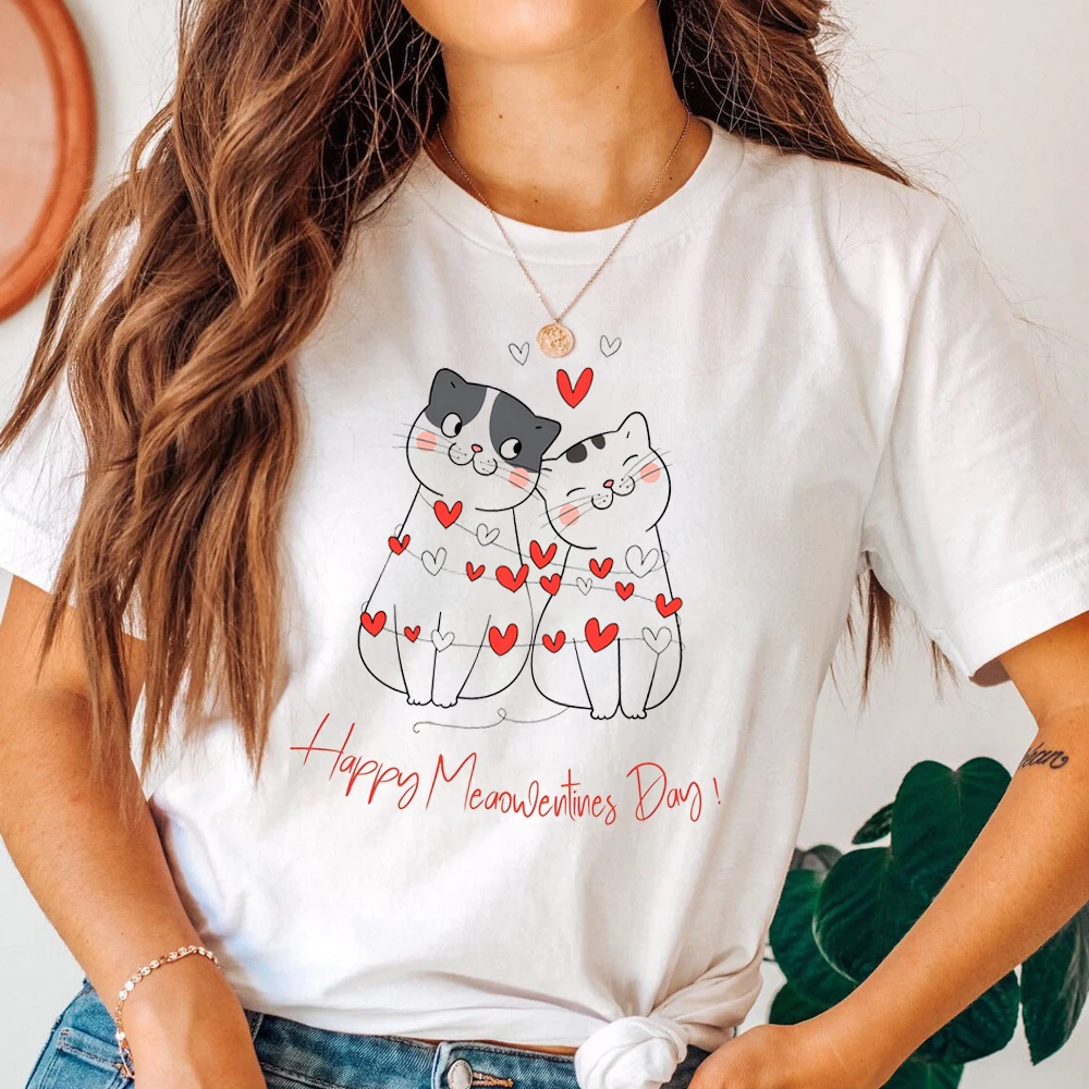 Cat Mom T-shirts for Women Summer Lovely Short Sleeve Happy Meowentine's Day Tee Shirts Cat Valentines Sublimation Mother's Day