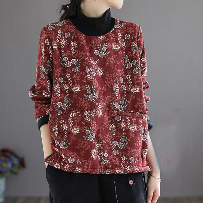 

Fashion Vintage Commute Floral Printing Thick Tops Autumn Winter New Loose Fleece Pullovers Long Sleeve Women's Clothing 2022