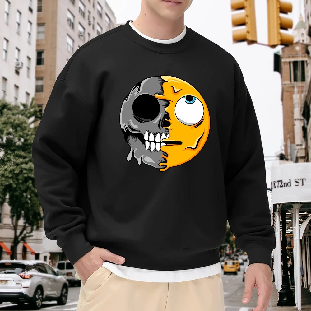 

Men's Black Crew Neck Loose Sweatshirt with Fun Patchwork Skull Expression Print, Casual Street Style Trendy Versatile Pullover, Comfortable and Breathable for Everyday Wear