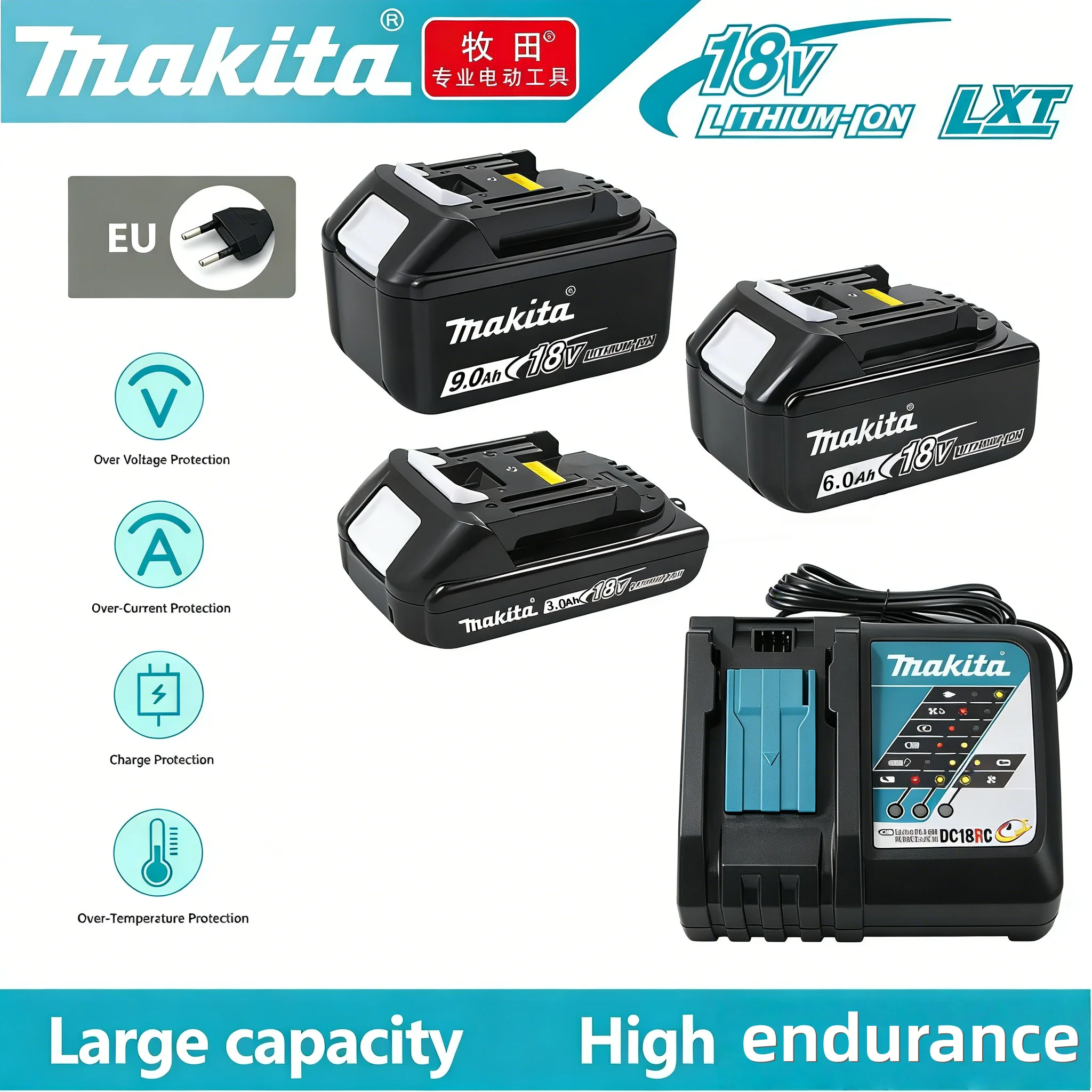 

Original Makita 18V 3.0Ah/6.0Ah/9.0Ah Battery + DC18RC Fast Charger Kit, Compatible with 18V LXT Cordless Tools, Free Shipping