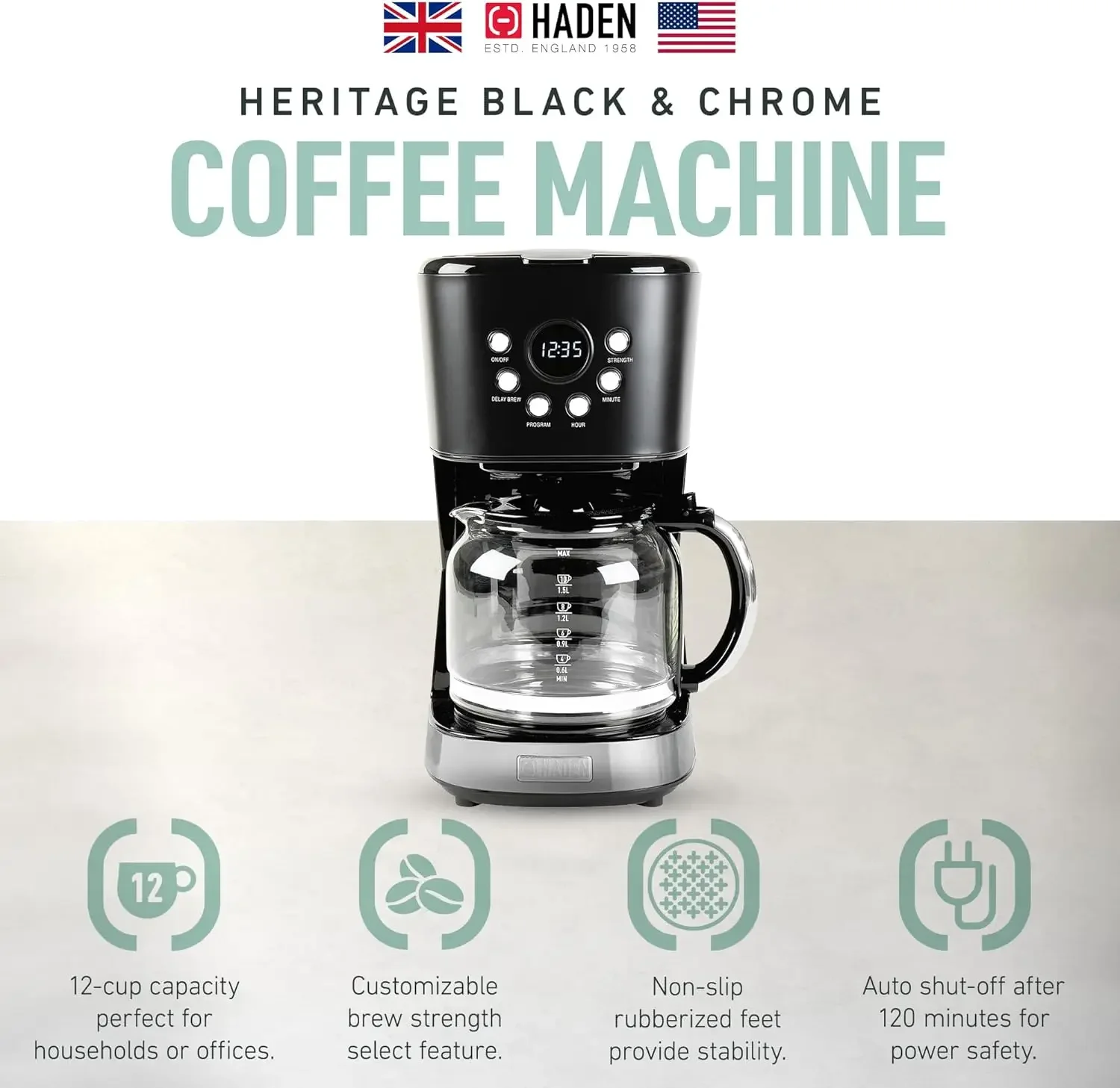 ماكينة صنع القهوة، ماكينة صنع القهوة بالتنقيط قابلة للبرمجة سعة 12 كوبًا مع وظيفة الإغلاق التلقائي وفلتر مياه قابل للغسل وقابل لإعادة الاستخدام، باللون الأسود والفصل