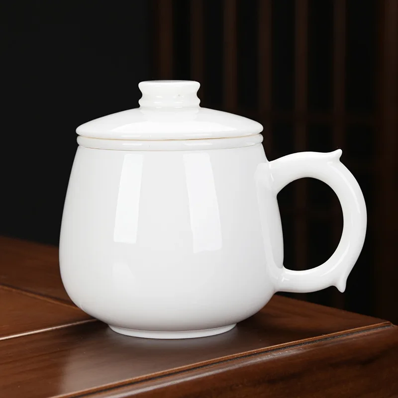 

High-end office cup made of jadeite, ceramic tea and water separation cup with lid, household gift, office mug company