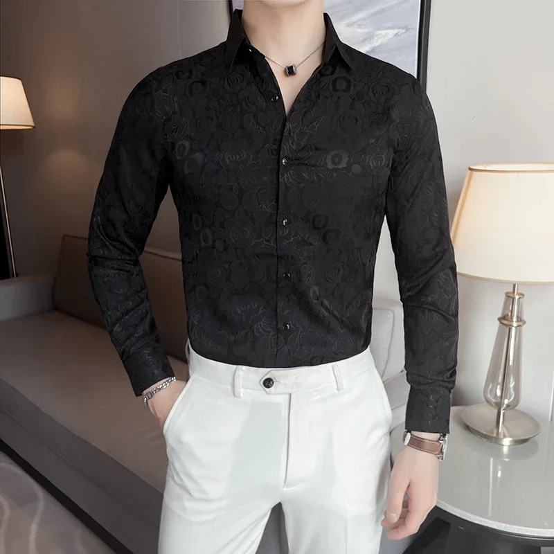 Fashion Long-Sleeved Floral Shirts for Men Autumn Turn-down Collar Korean Luxury Business Slim Fit Social Party Shirts Tuxedo