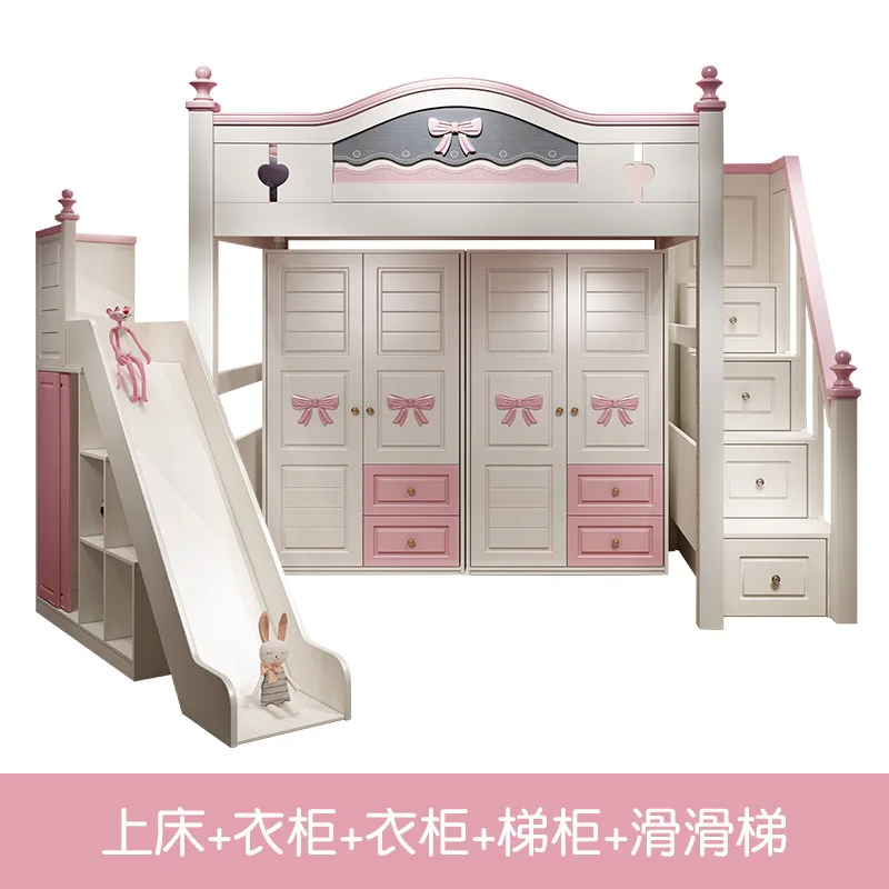 Go to bed Under table Upper and lower bunk Wooden bed Children girl Princess bed With desk Wardrobe Integrated multi-functional view 3