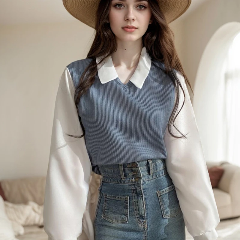 

Уличная одежда, свободные пуловеры, блузки, повседневные ложные ложные трикотажные блузки из двух предметов, свободные футболки с отложным воротником и длинными рукавами