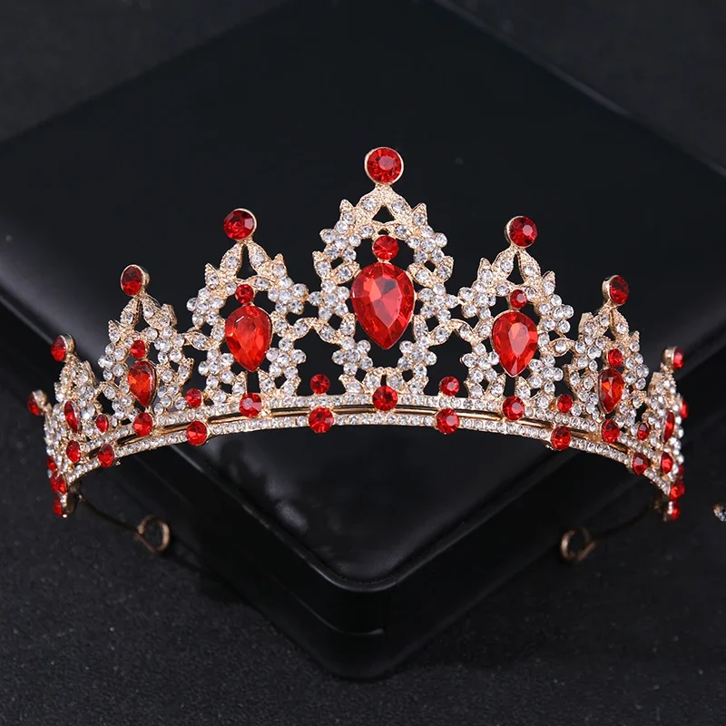 Baroque Red Crystal Bridal Crown Royal Queen tiara Pageant Prom Bride Diadem Princess Wedding Crown Hair Accessories Jewelry