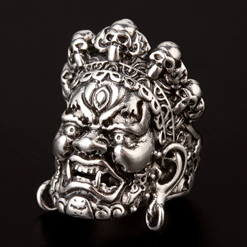 Retro Mahakala Large Ring For Men Street Punk Gothic Rock Hiphop Adjustable Open Ring Handmade Jewelry Biker Accessories Gift