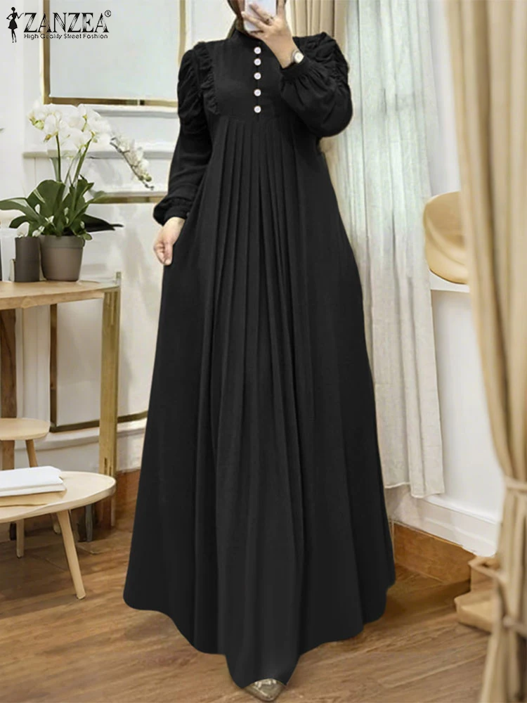 ZANZEA فساتين ماكسي متواضعة إسلامية للنساء أنيقة مكشكشة وأكمام طويلة مطوي عباية رداء حجاب إسلامي للعيد فساتين 2025 #3