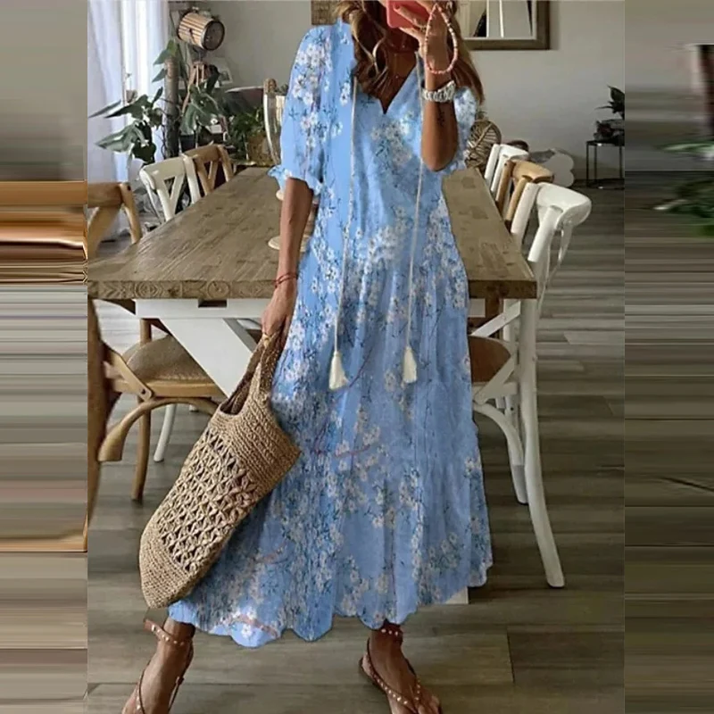 Vestido maxi solto com decote em v feminino, estampa floral, borda de lótus, vestido bohe, manga curta, linha A, vintage, elegante, casual, moda verão